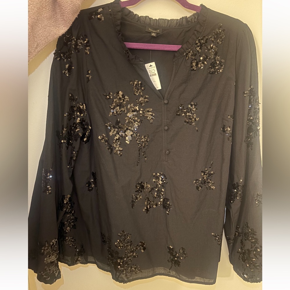 Talbots Black Sequin Floral Blouse XL